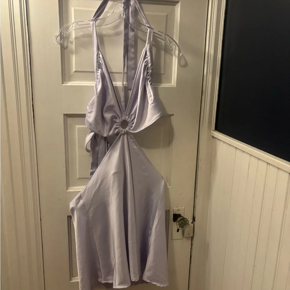 Peppermayo Lavender Satin Halter Mini Dress with Front Ring Detail - Picture 2 of 7